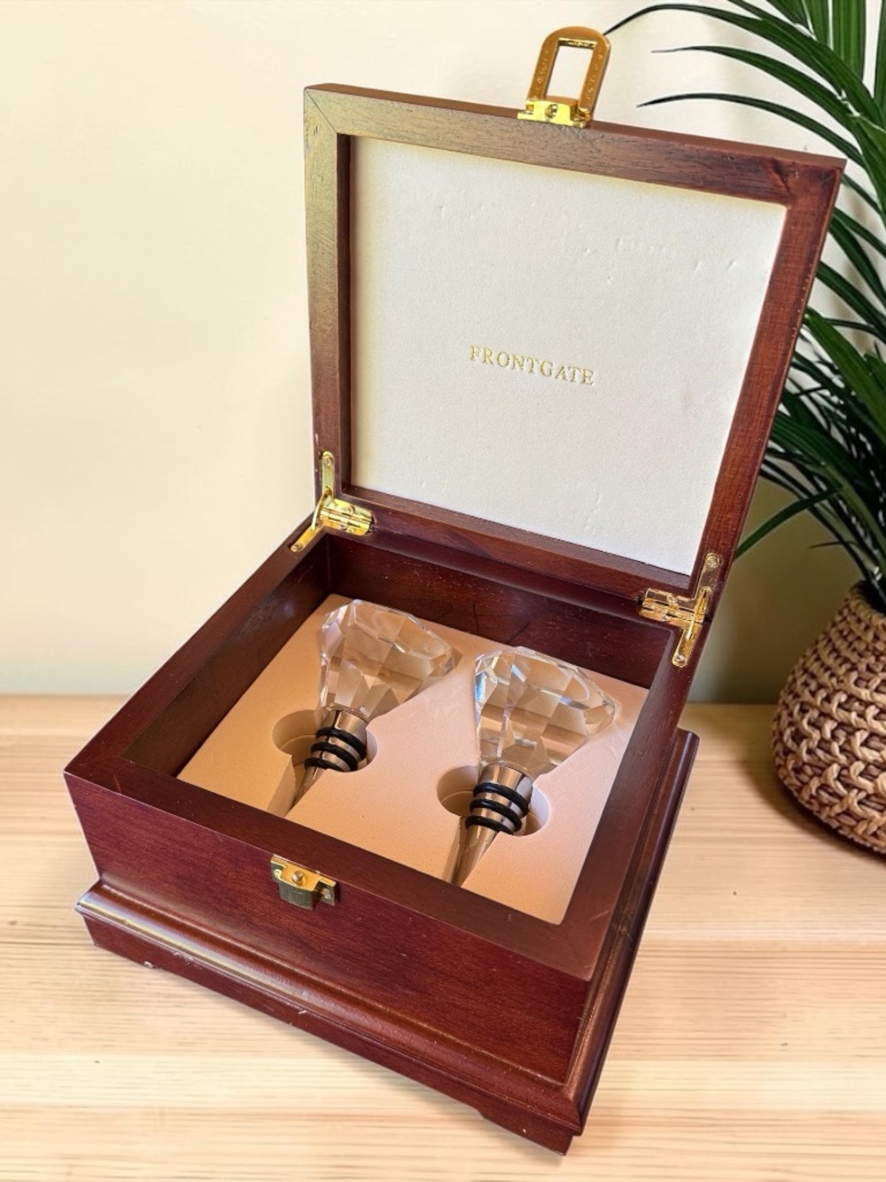 Frontgate Monogram C Crystal Wine Stoppers Set of 2 with Wooden Box